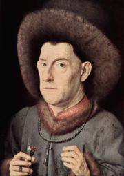 Амулет в виде колокольчика на кресте. Ван Эйк. Портрет мужчины с гвоздикой. После 1435 г.